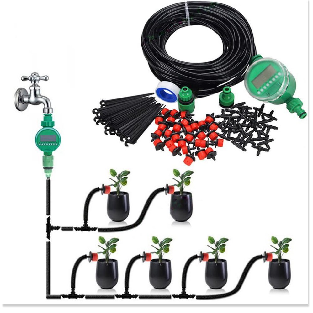 Bộ KIT tưới cây tự động 20 béc nhỏ giọt kèm van nước hẹn giờ tự động, 20m dây và đầy đủ phụ kiện