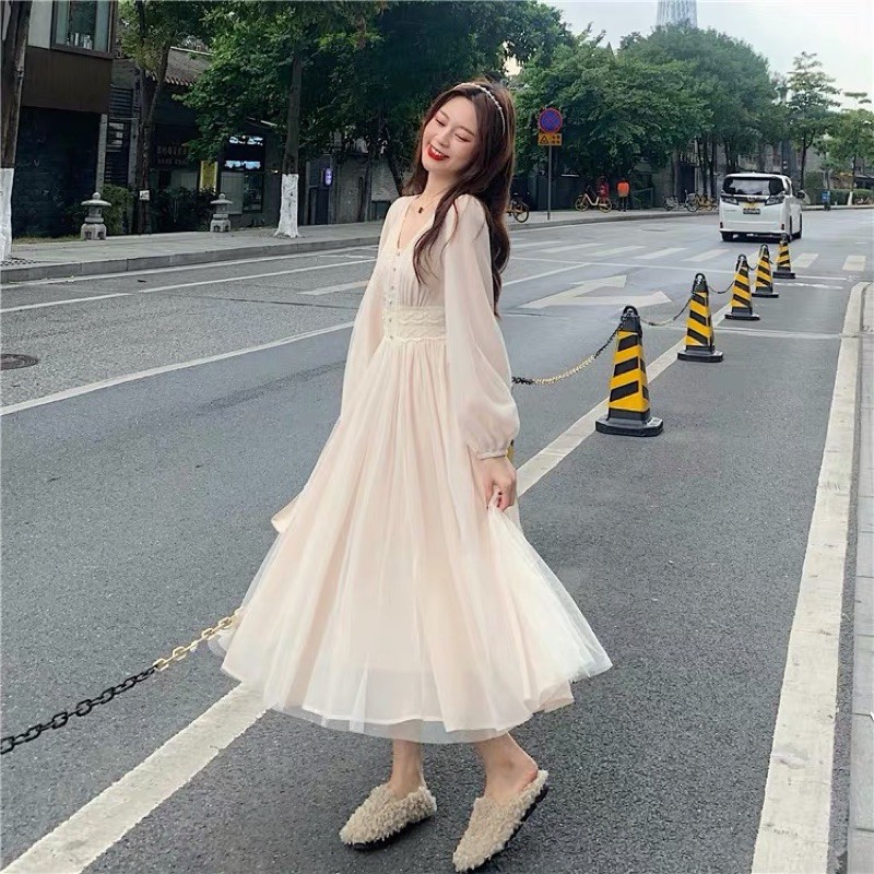 SẴN🎀Đầm công chúa ulzzang voan kem 3lớp cổ tích xoè cổ ngọc/Váy tiểu thư maxi dài bánh bèo du lịch kỉ yếu prom xinh