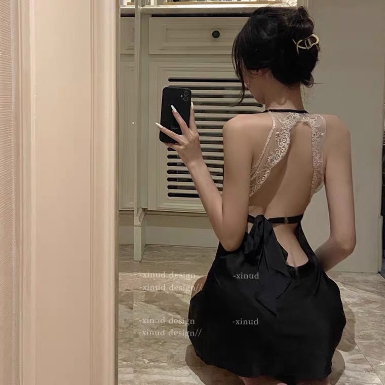 Đồ ngủ Vải Satin Phối Ren Thắt Nơ Quyến Rũ Thời Trang Mùa Hè Cho Nữ