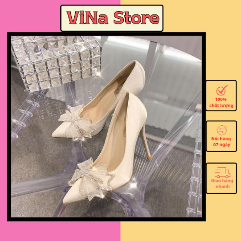 Giày Cao Gót Mũi Nhọn Quai Nơ Đính Đá Đế Nhọn 7 Phân màu trắng đen Cho Nữ VINA STORE mã H123