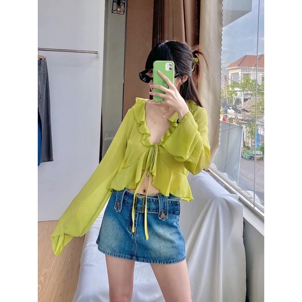 Ảnh thật - Áo voan xanh thắt nơ