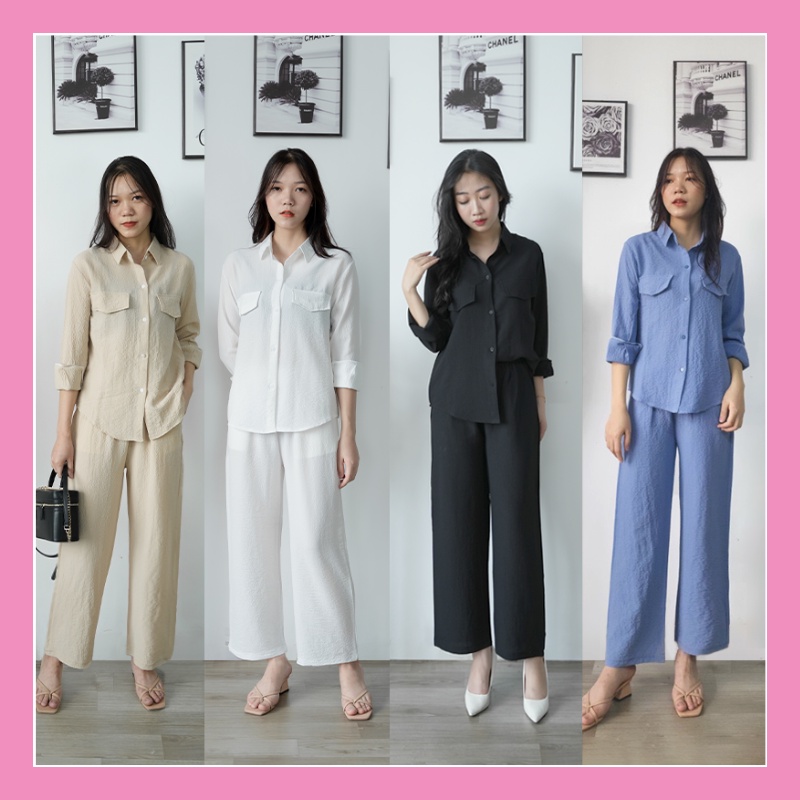 Set bộ đũi sơ mi dài tay quần ống rộng thu đông chất đũi xốp cao cấp sang trọng đi làm đi chơi đều đẹp DB05