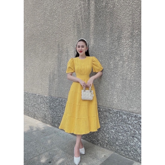 Đầm midi xốp tầng tay bồng CS