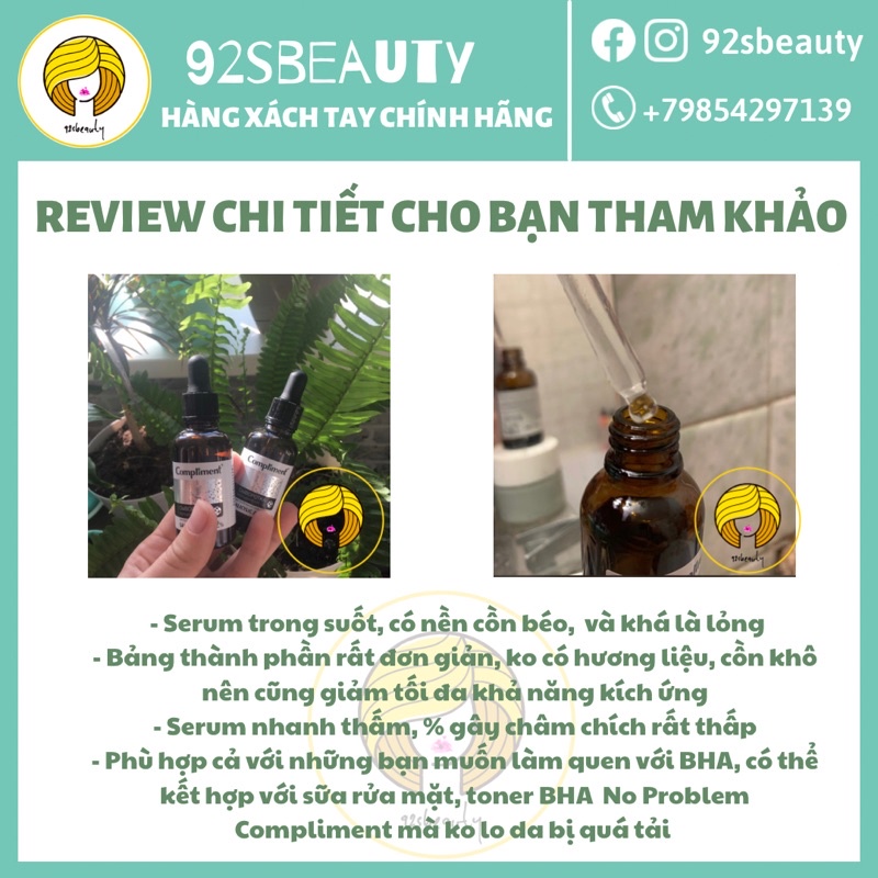 Serum Compliment 2% BHA làm sạch sâu, giảm mụn, se lỗ chân lông, kiềm dầu