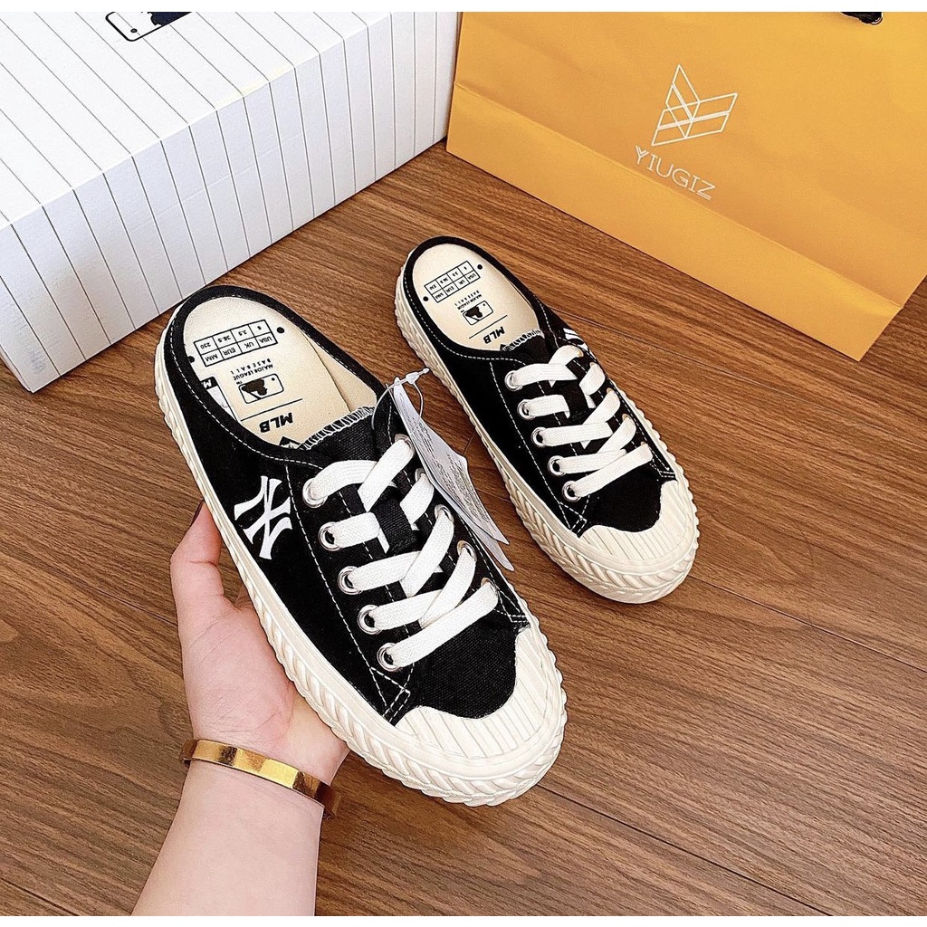 Giày lười Sục MLB Ny - giày thể thao sneaker Đạp Gót Màu Trắng họa tiết - Hot Hit 2021 - dép nữ đẹp full box