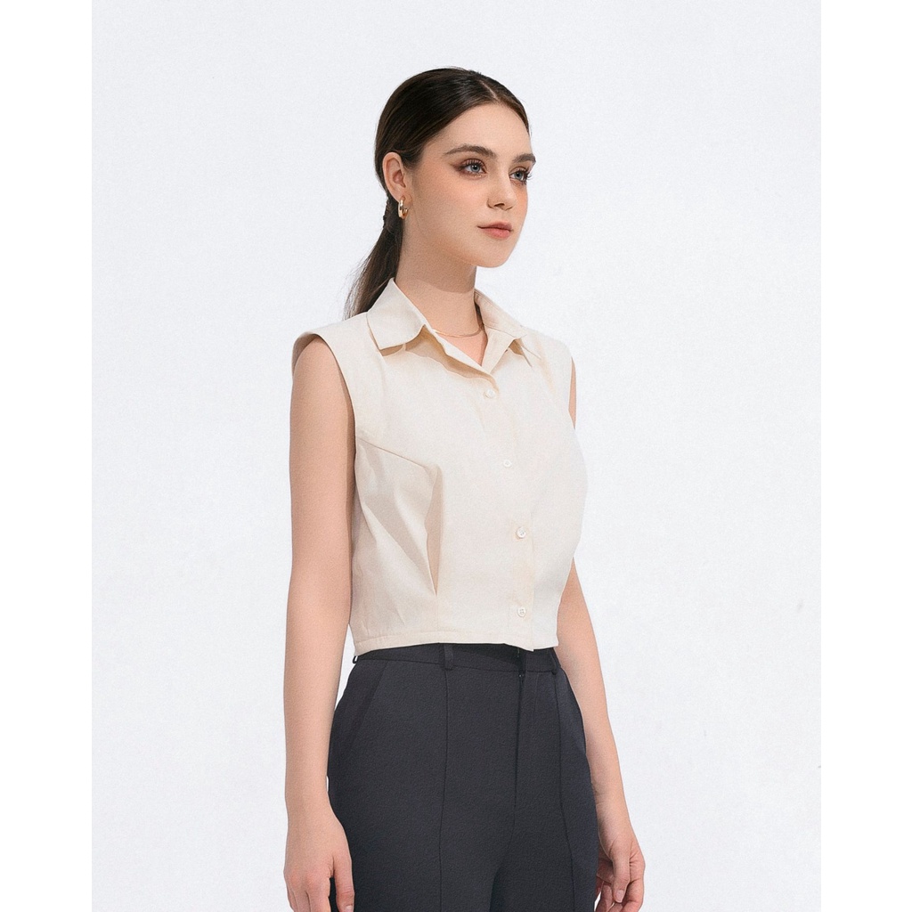 Áo Sơ Mi Khoét Tay ONMIX - Linda Shirt - Vải Thô Hàn - Màu Beige