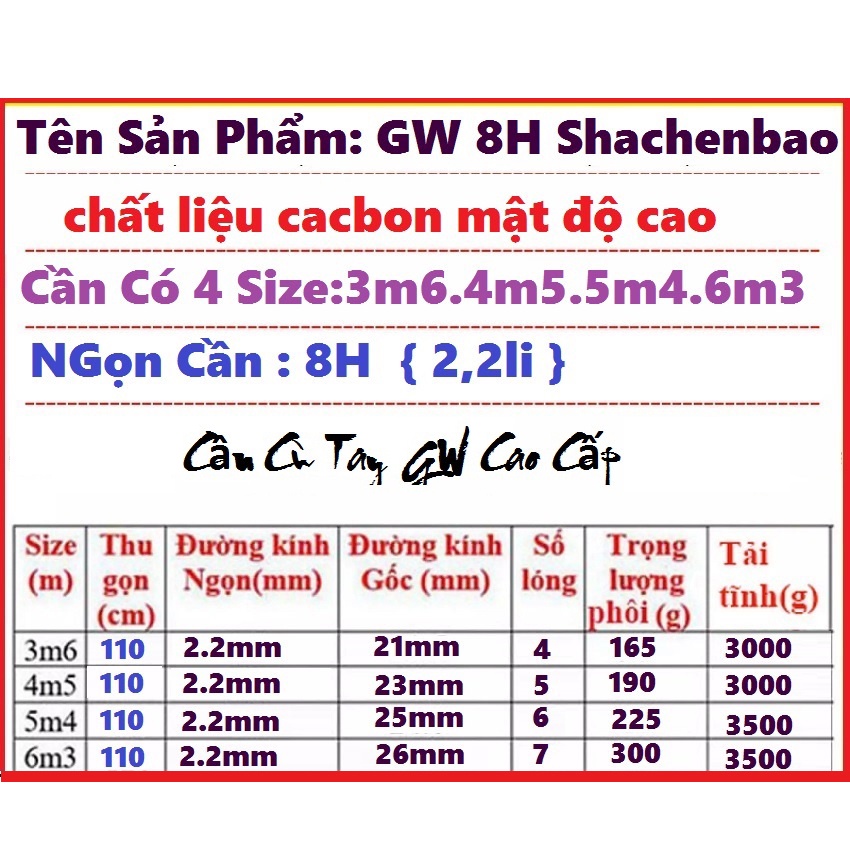 Cần câu tay 8H GW Kim Tuyến Shachenbao, Cần Câu Đài 8h cao cấp. (TẶNG ĐỌT)