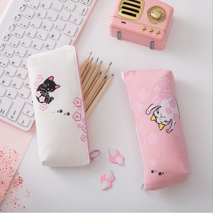 Hộp bút vải canvas cỡ lớn họa tiết mèo cute ,xinh xắn có khóa kéo, kiểu dáng Hàn Quốc cho học sinh ,sinh viên