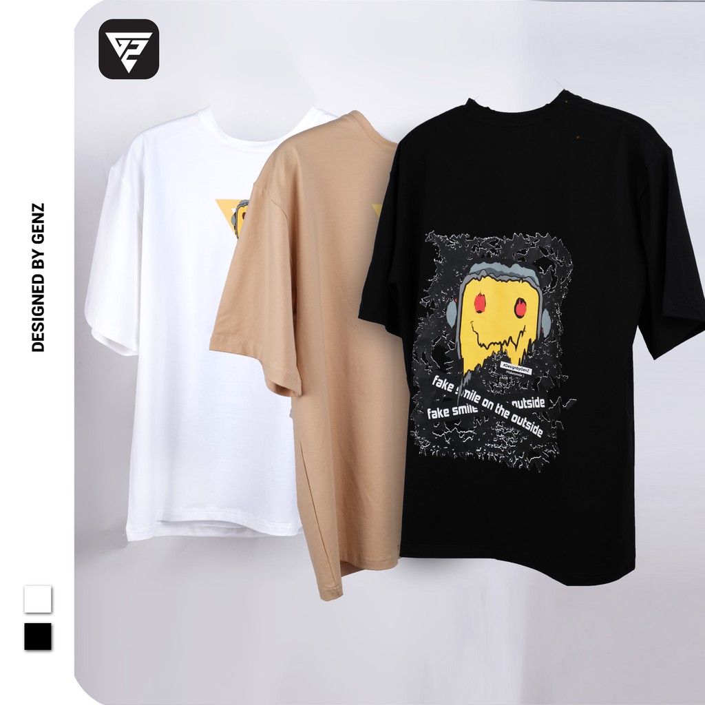 Áo thun tay lỡ GENZ phông Unisex nam nữ Cotton oversize form rộng Fake Smile
