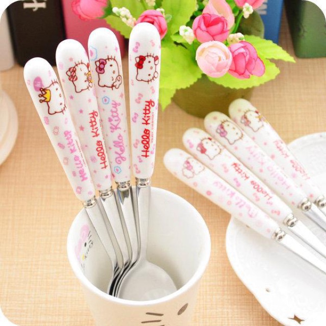 Muỗng nĩa inox cán sứ Hello Kitty