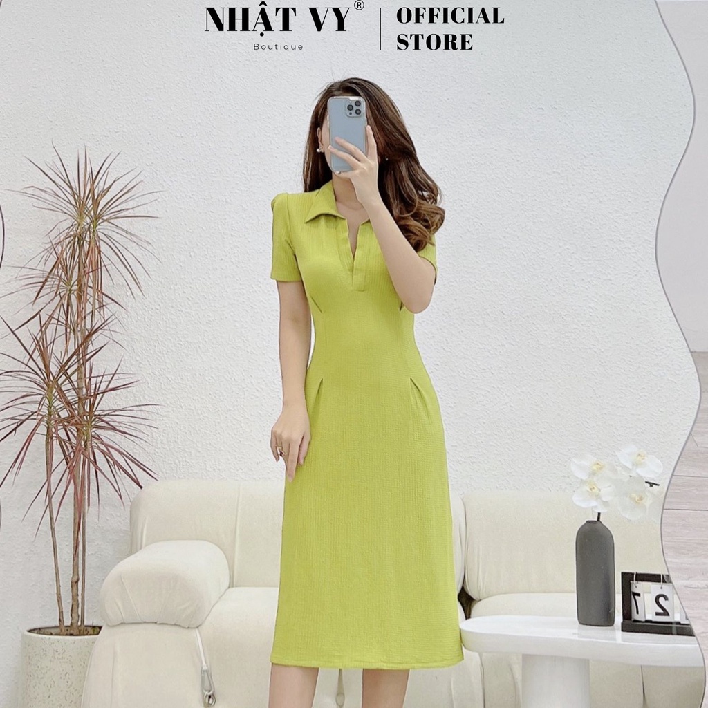 Đầm thun công sở Nhật Vy dáng ôm cổ sơ mi chiết eo chất xốp phù hợp đi chơi, dạo phố, cafe sang chảnh - D2477