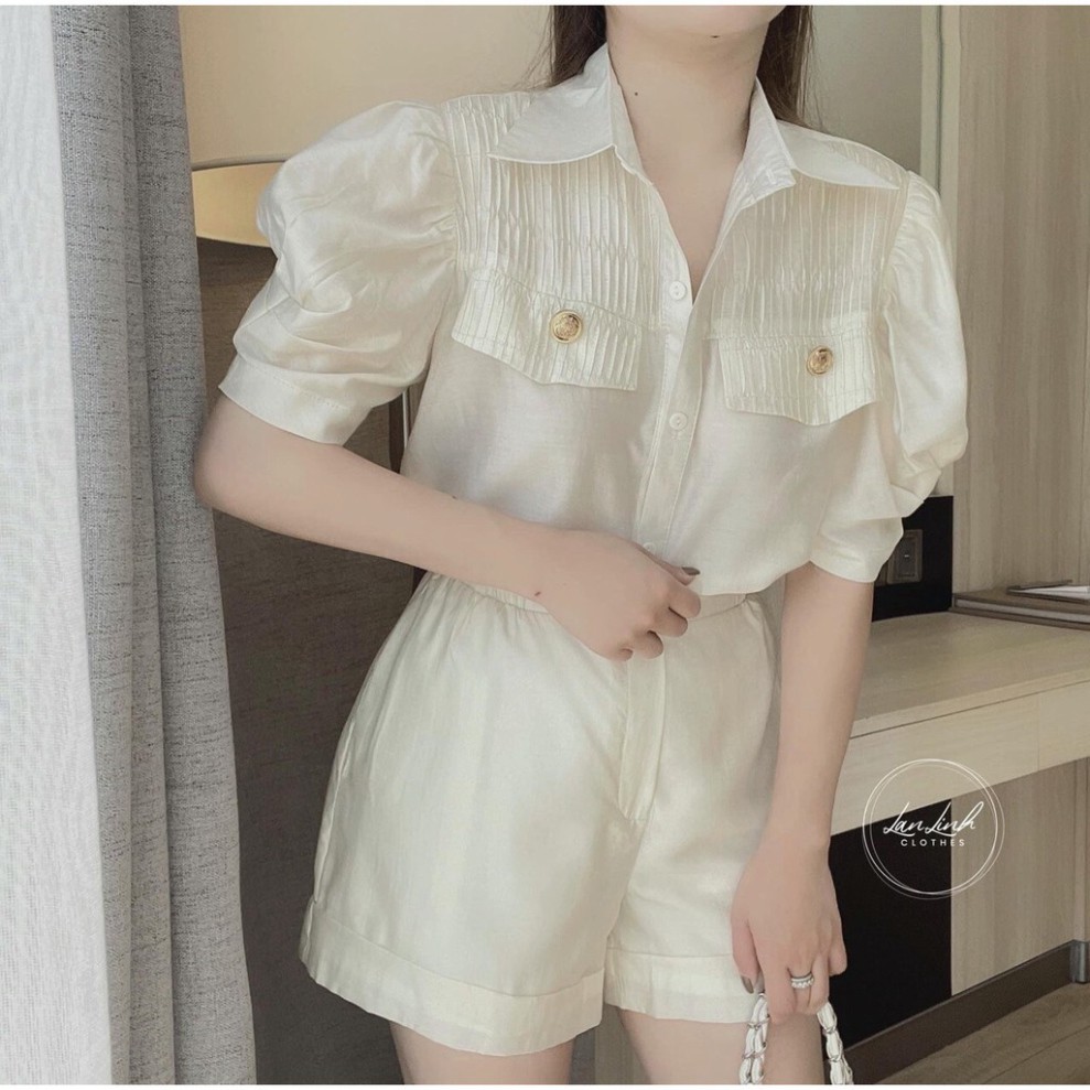 áo sơ mi cổ đức tay bồng kèm quầm sóc gấu lơ vê cá tính Chất lụa tằm cao cấp đẹp mê Hàng bao shop Form &lt;60kg ulzzang xia