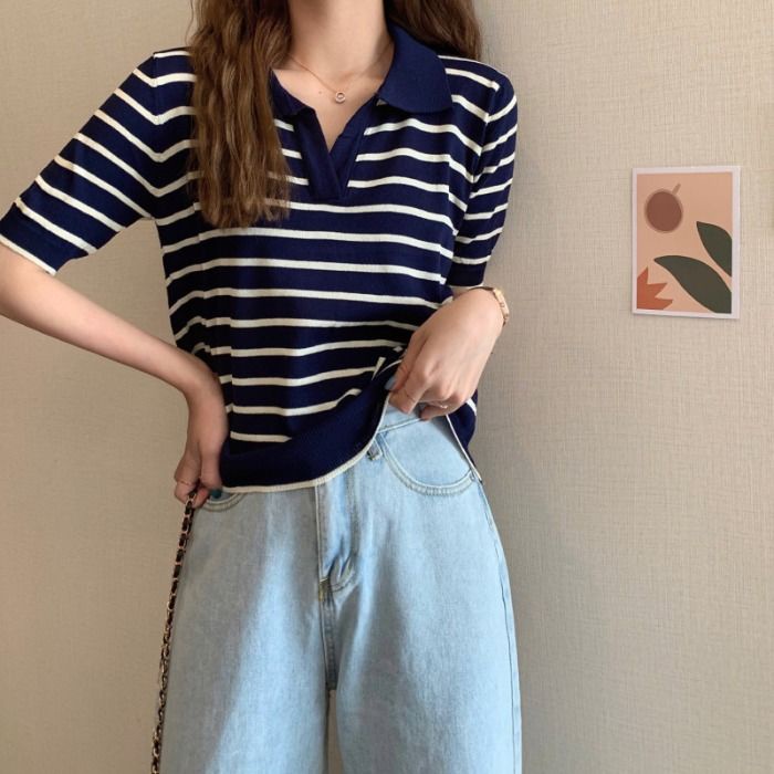 Áo Len Nữ Ngắn Tay Cổ Chữ v Kẻ Sọc Ngang Thời Trang Hàn Mới
