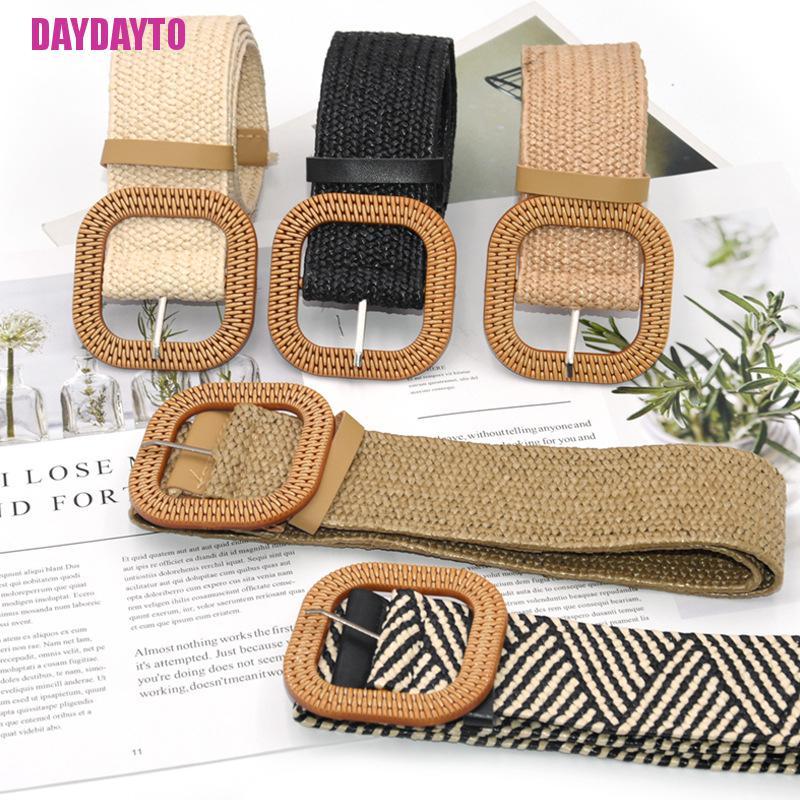 Thắt Lưng Rơm Đan Co Giãn Phối Khóa Vuông Phong Cách Boho Cổ Điển Thời Trang Mùa Hè Cho Nữ
