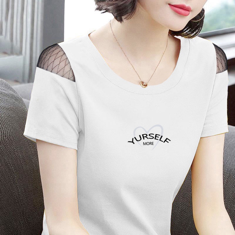 Áo thun tay ngắn hở vai in họa tiết thời trang cho phụ nữ trung niên