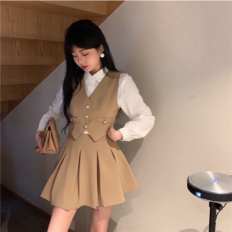 Set áo sơ mi trắng tay dài kèm cà vạt + vest gile croptop không tay + váy ngắn lưng cao xếp ly nâu đen ulzzang