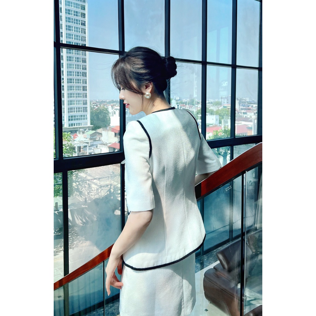 NKN Design - Áo Khoác Dạ Tweed Nữ Và Chân Váy Chữ A, Màu Trắng Amy