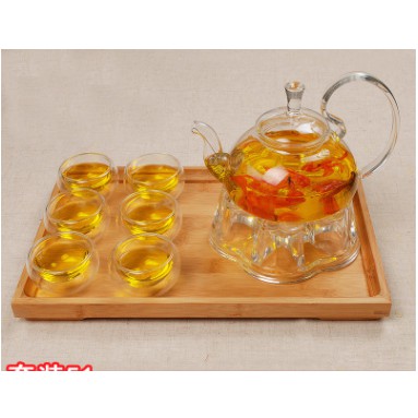 Bộ ấm trà thủy tinh chịu nhiệt, kèm khay trúc B2122