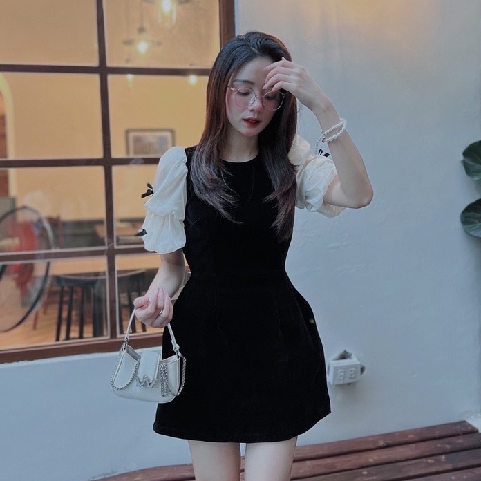 [HÀNG LOẠI 1] Đầm nhung phối tay voan nơ bồng siêu xinh 2 lớp -VX06