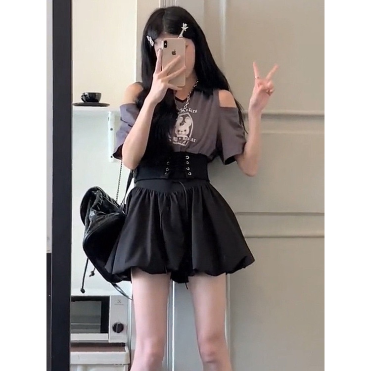 Mới Set Áo Lửng Ngắn Tay Trễ Vai + Chân Váy Xòe Thời Trang Dành Cho Nữ