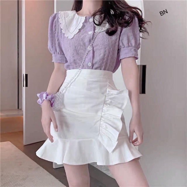 set 3 món áo tím cổ ren + cv và buộc tóc