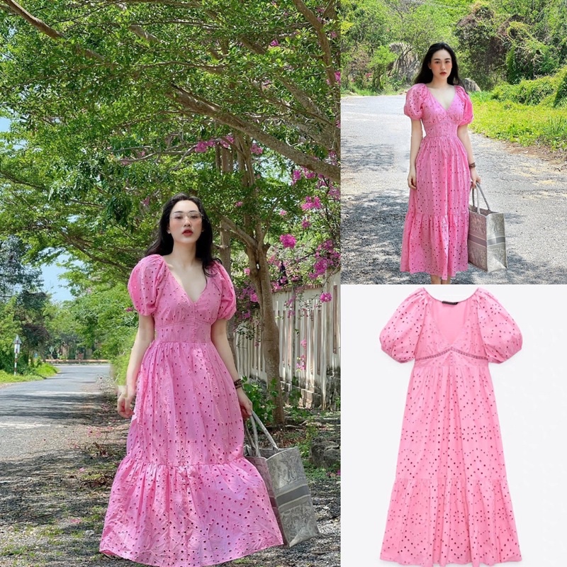 V048 Váy đầm maxi đục lỗ thô đũi 2 lớp Zara xuất du lịch đi biển