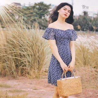 Đầm hoa bẹt vai (2 MÀU)
