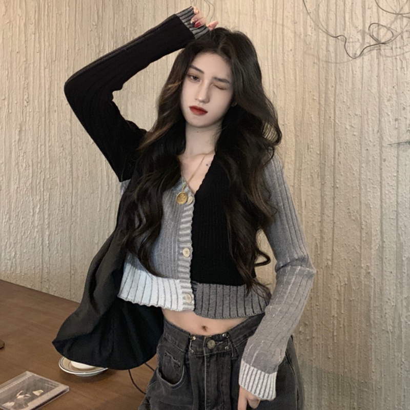 Áo cardigan dáng ngắn dệt kim phối màu sắc thời trang cho nữ