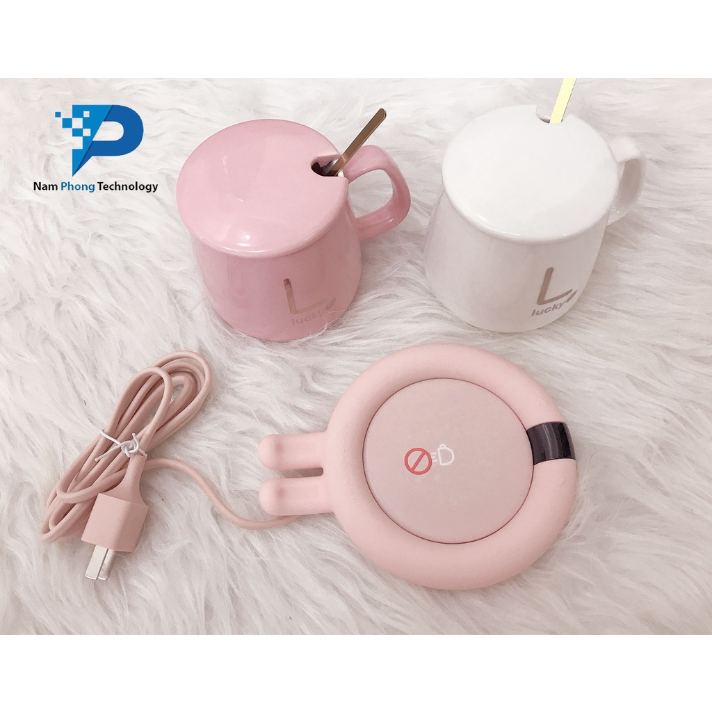 ĐẾ HÂM NÓNG ĐỒ UỐNG CẢM ỨNG THÔNG MINH - MÁY GIỮ NHIỆT CAFE, TRÀ, SỮA, NƯỚC KÈM CỐC CÓ NẮP VÀ THÌA CAO CẤP