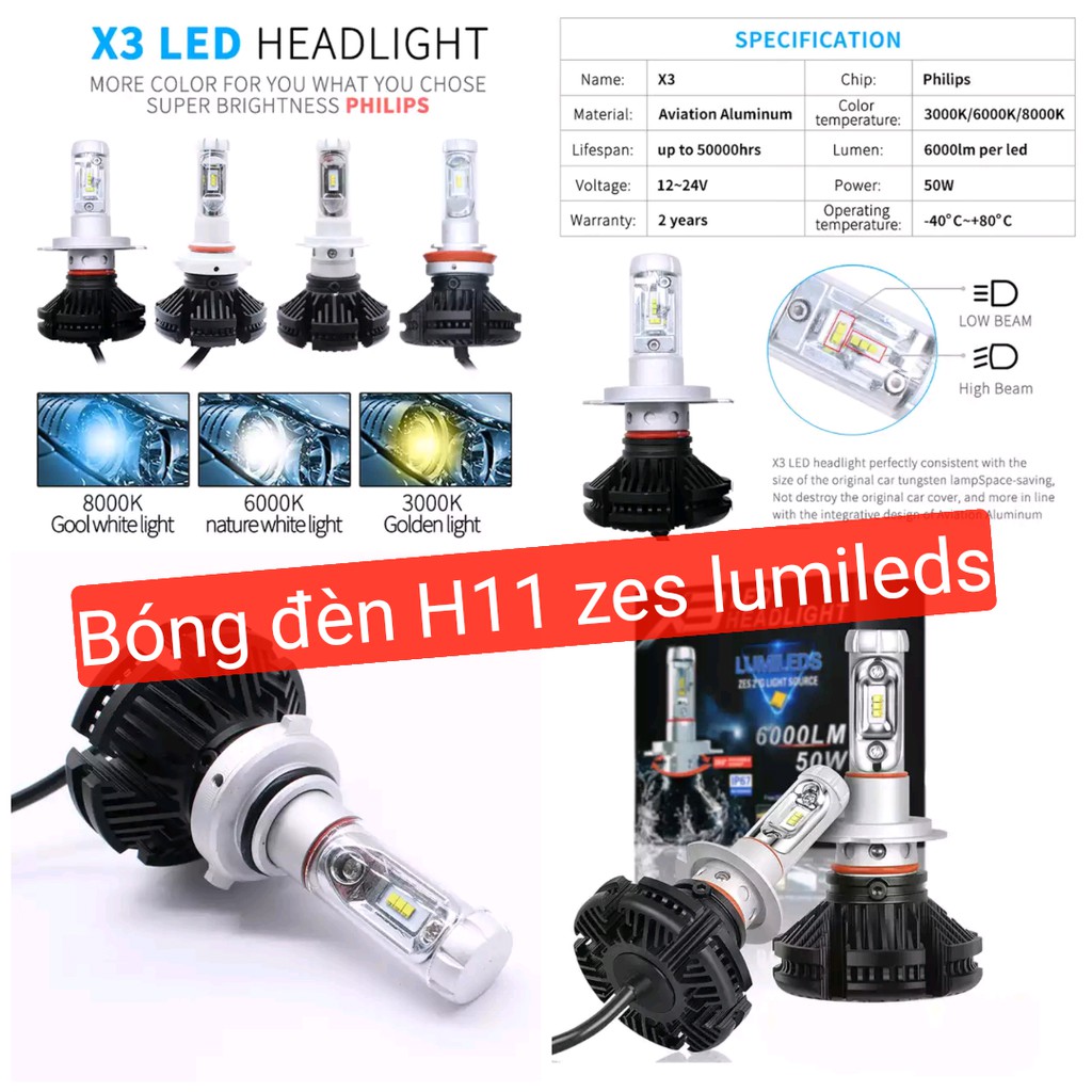 Bóng đèn led X3 chân H11 chip Zes Lumiled cho xe ôtô Giá 2 bóng