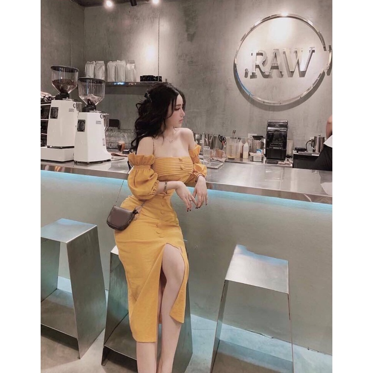 Đầm tay phồng sếp ly ngực sang chảnh, đầm dự tiệc xẻ tà xếp ly ngực DG 4257