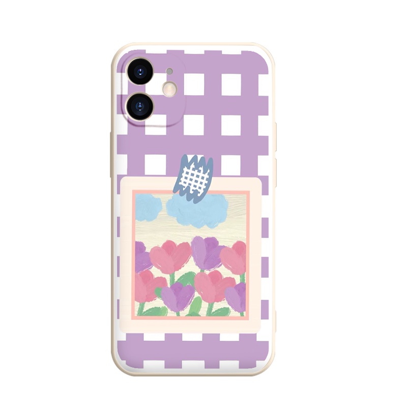 Ốp iphone - Ốp lưng iphone cạnh vuông caro hoa tím dành cho ip 6 đến 14promax - ng254