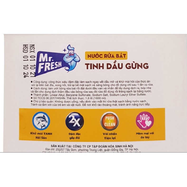 Nước rửa chén bát đậm đặc Mr Fresh Hando Tinh Dầu Gừng 1,6L