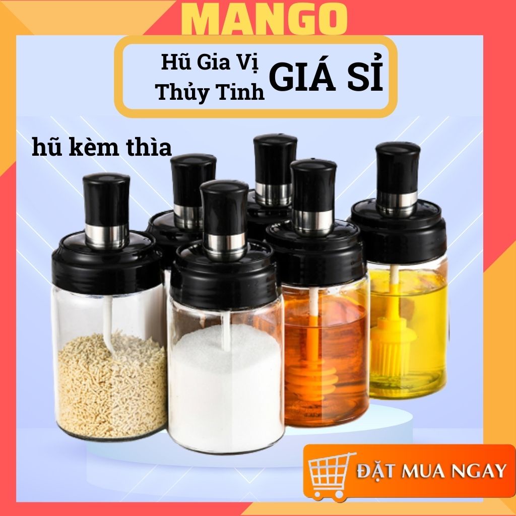 Hũ, lọ gia vị thủy tinh nhà bếp kèm thìa set đủ loại MANGO STORE