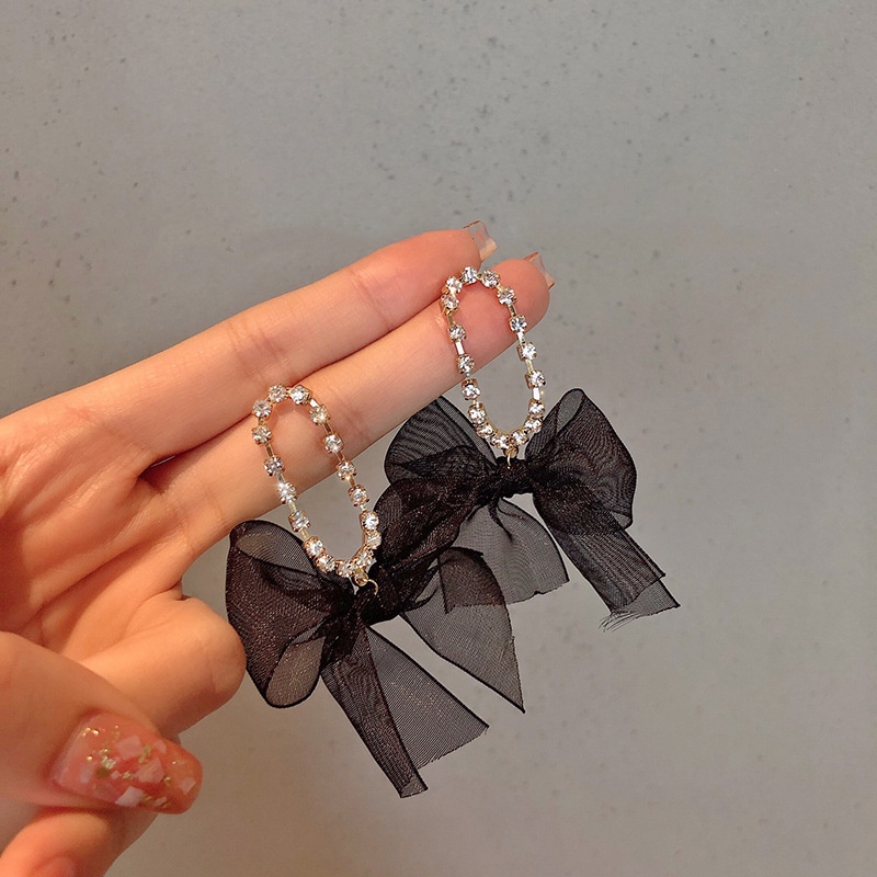 Đôi khuyên tai ETRENDY mặt hình nơ thắt vải ren màu đen phong cách Hàn Quốc cổ điển thời trang mới dành cho nữ