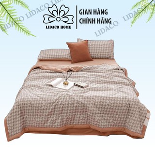Bộ chăn chần ga gối cotton đũi LIDACO kẻ caro