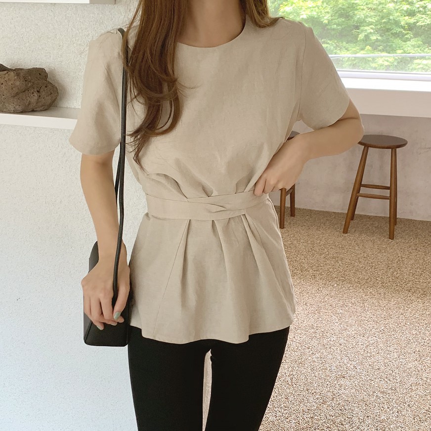 Áo Thun Nữ Ngắn Tay Cổ Tròn Buộc Dây Kiểu Mới 43592