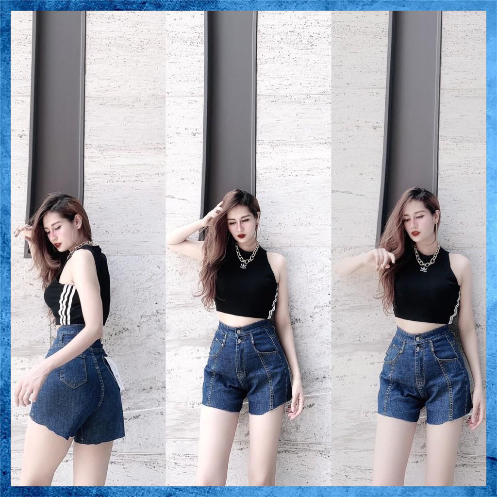 [Jeans nữ thiết kế] Quần sooc bò trơn gân trước, quần shorts jeans lưng cao túi chéo 2 khuy. Sooc bò S4105