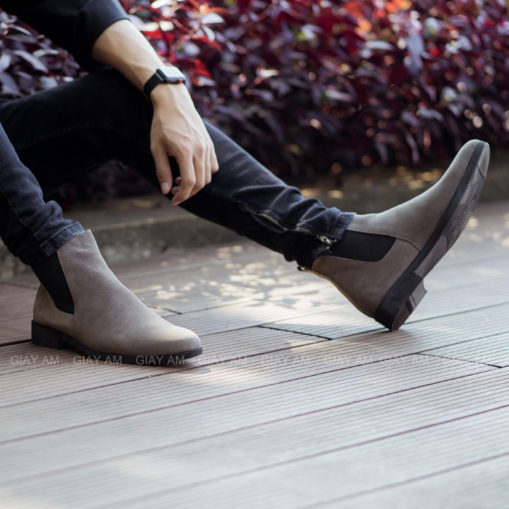 Giày Chelsea boot nam da bò lộn màu lông chuột tăng chiều cao 4cm