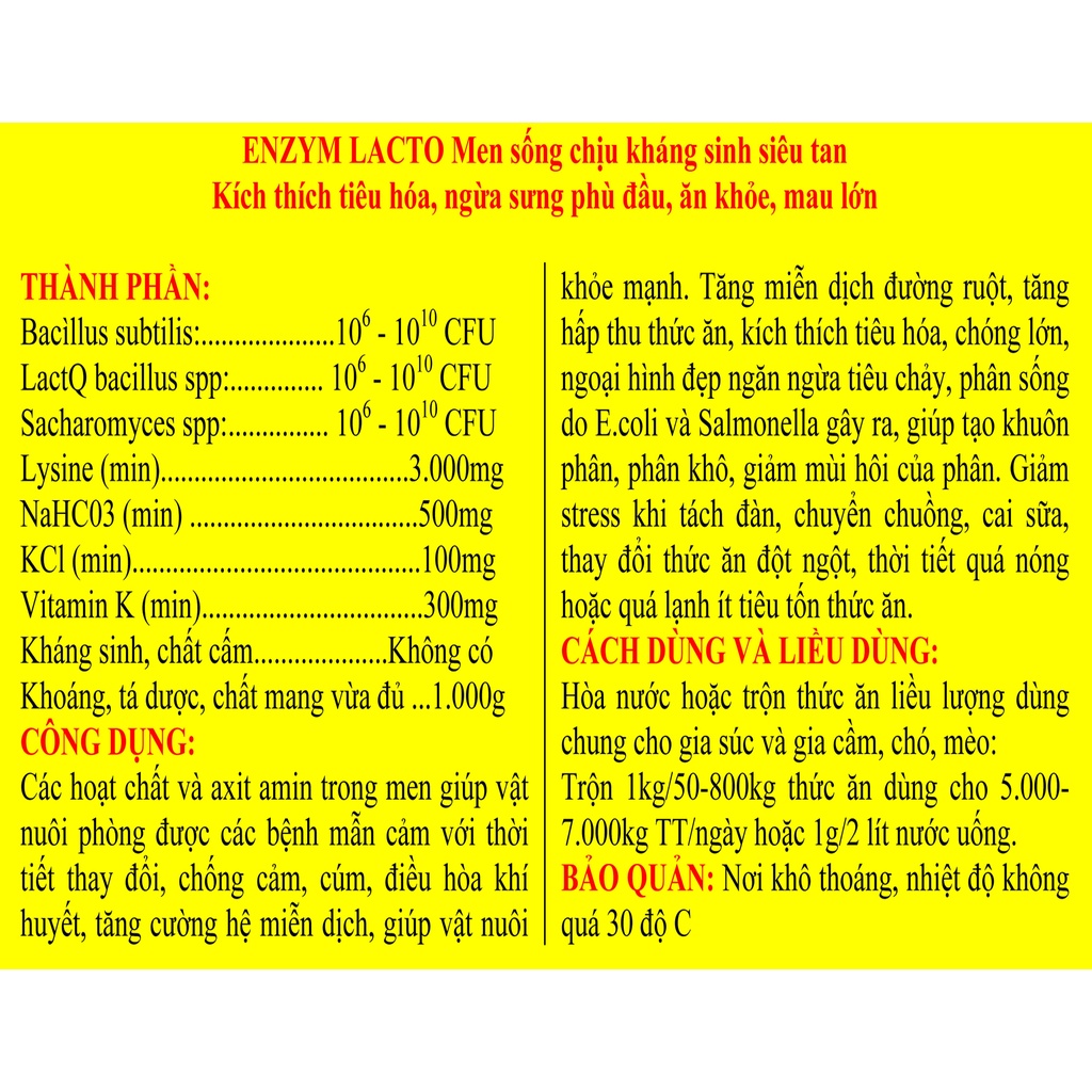 1 gói ENZYM LACTO 100g Men sống siêu tan tăng cường tiêu hóa, giúp vật nuôi ăn khỏe, mau lớn