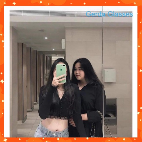ÁO CROPTOP CỔ V TAY DÀI PHỐI REN - CROPTOP THUN TĂM CÚC CÀI TRẮNG ĐEN ULZZANG