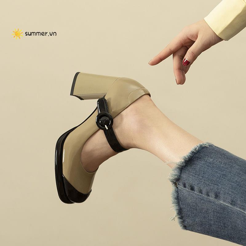 Giày Cao Gót 2022 Mũi Tròn Đế Dày Phối Màu Sắc Cổ Điển Thời Trang Cho Nữ