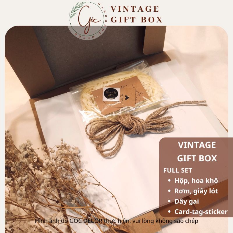 Hộp quà Vintage gift box 20*25*6cm kèm dây gai, rơm card tag stiker giấy lót đựng quà độc đáo không trùng lặp