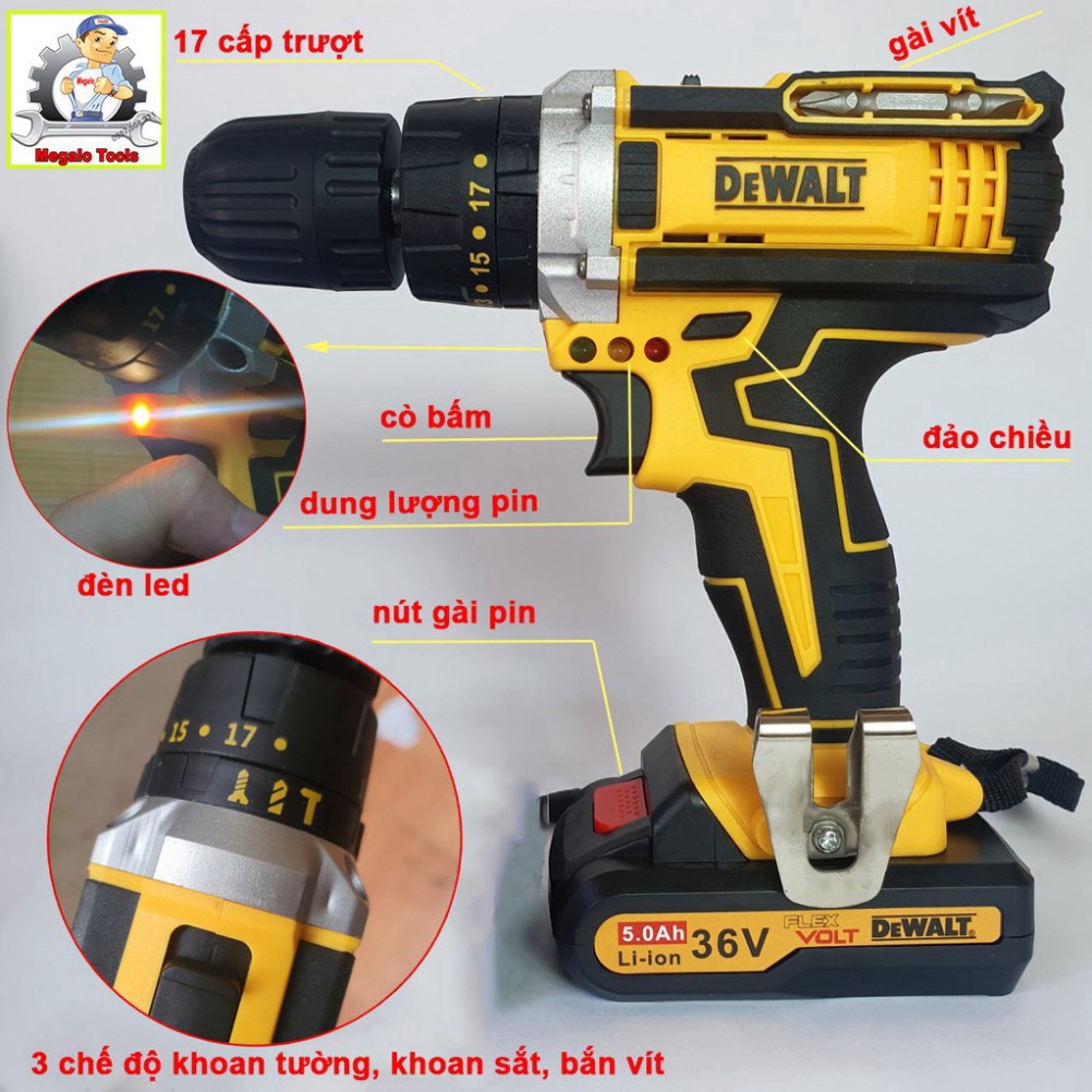 Máy khoan pin Dewalt 36V có búa - 100% lõi đồng ,khoan betong, khoan tường, khoan sắt bắn vít model DCD771 | sẵn hàng|