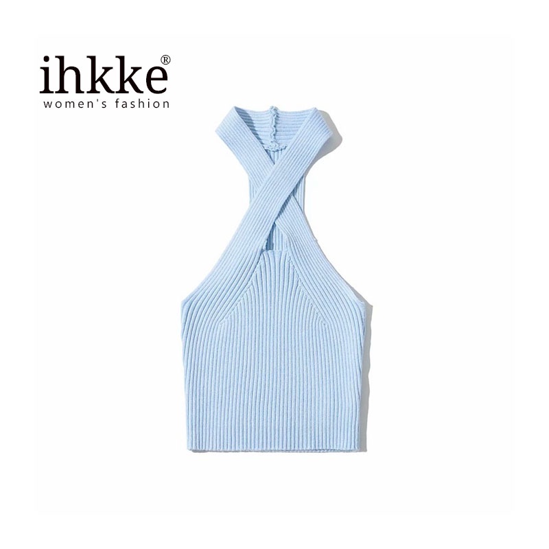 ihkke Áo dệt kim không tay thiết kế dây đan chéo gợi cảm cá tính