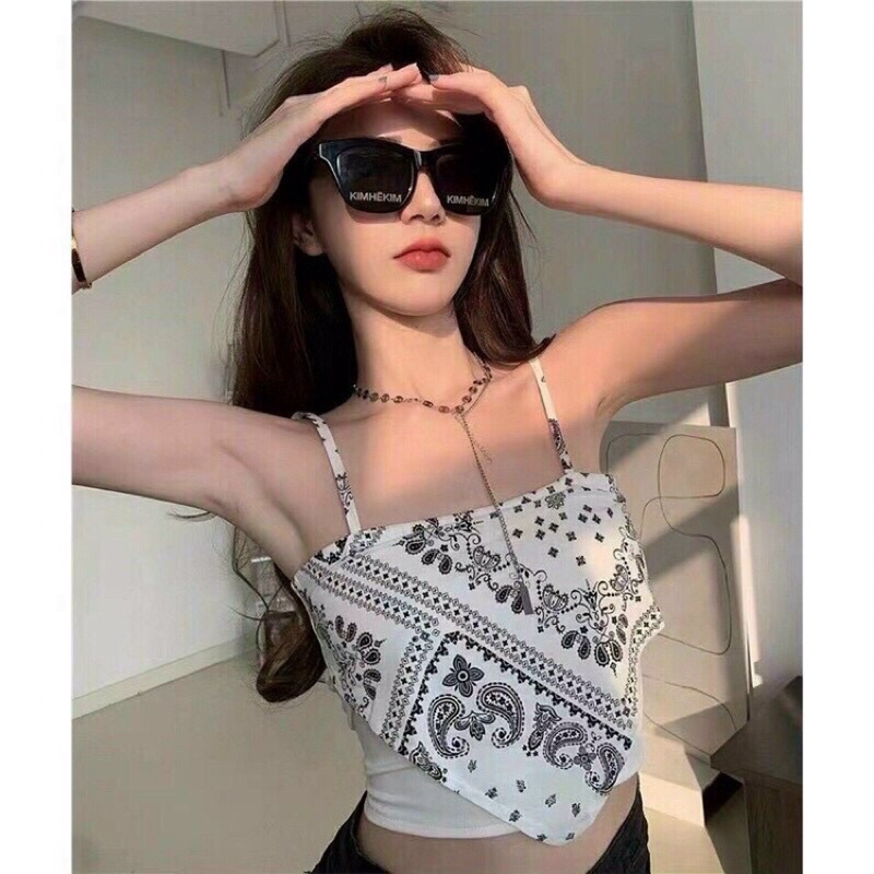 Áo yếm thổ cẩm Hot trend sành điệu màu đen trắng, áo 2 dây yếm