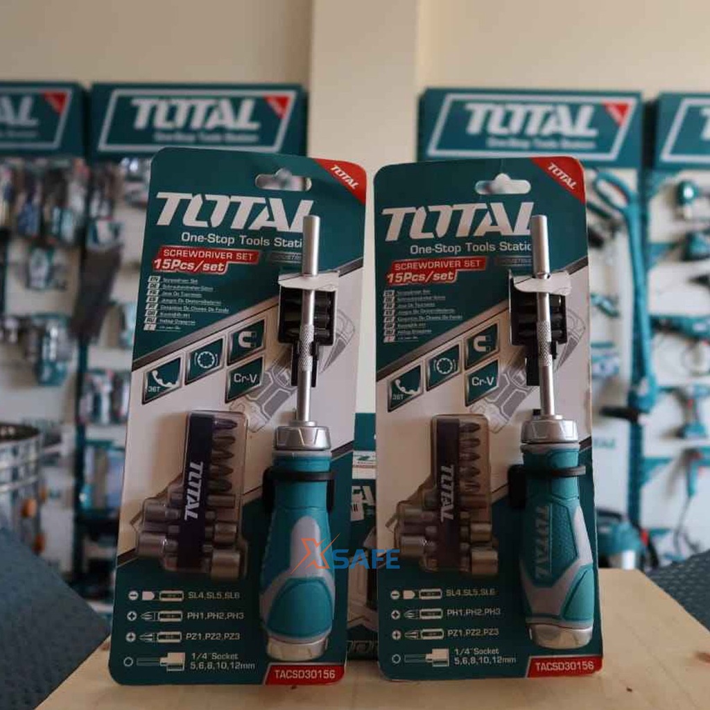 Bộ tua vít 15 đầu TOTAL TACSD30156 nhỏ gọn, đa năng, chất liệu CR-V chịu được lực cao, 2 chiều tự động - chính hãng