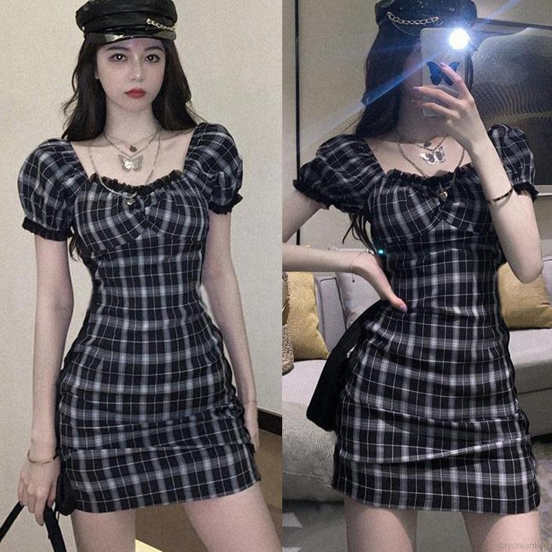 Đầm Tay Phồng Phối Lưới Chiết Eo Họa Tiết Sọc Caro Phong Cách Retro Cho Nữ