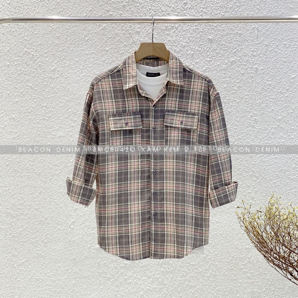 BST Áo Sơ Mi Nam Form Rộng Mẫu Caro Mới Hai Túi, Kẻ Nổi BEACON DENIM Mã 418-423