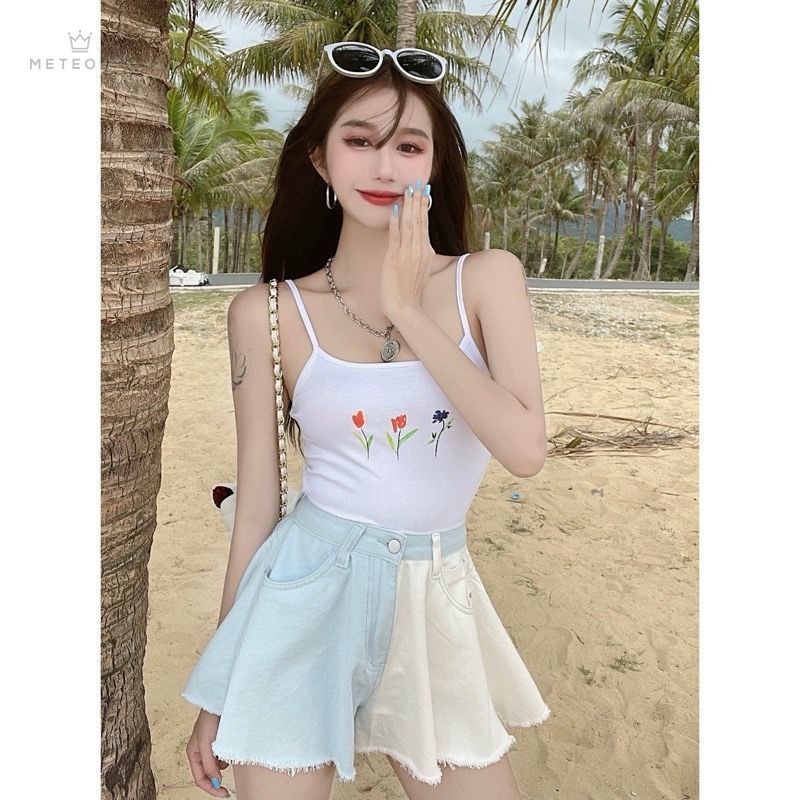 Quần Short Jean Lưng Cao Phối Màu Cá Tính Thời Trang Trẻ Trung